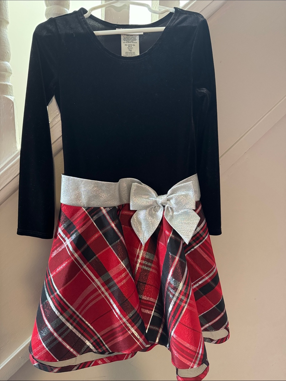 Bonnie Jean Black Velvet Top with Red Plaid Skirt and Silver Bow